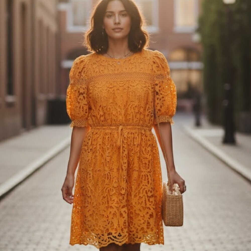 🍊JUST ME Boutique NWT Orange Lace Mini Dress | Tiered Ruffle V-Neck | L